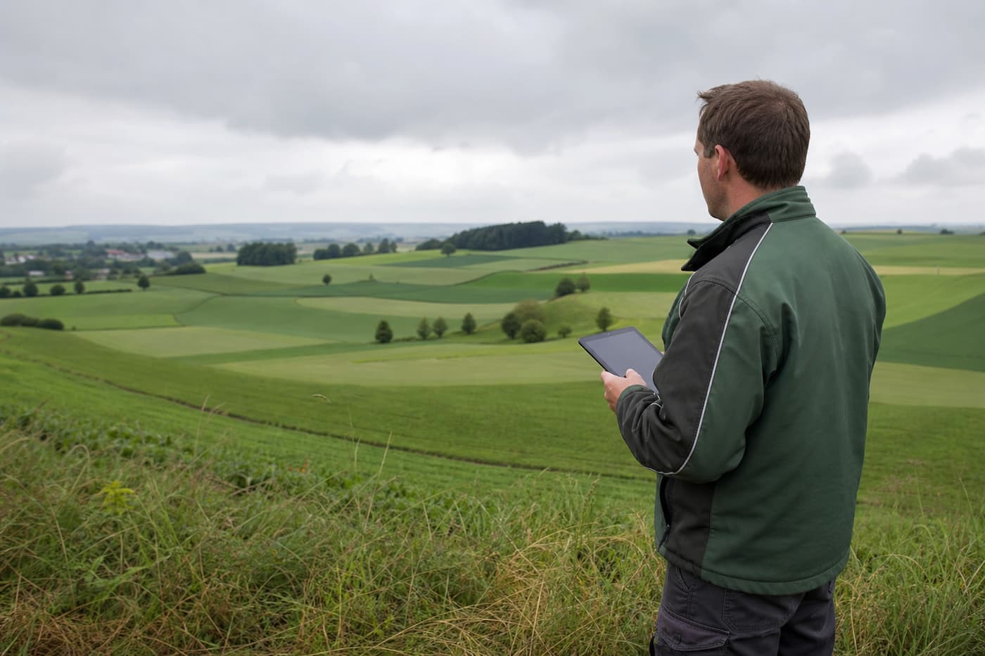 Farmář u okraje pole s tabletem — přehled parcel.