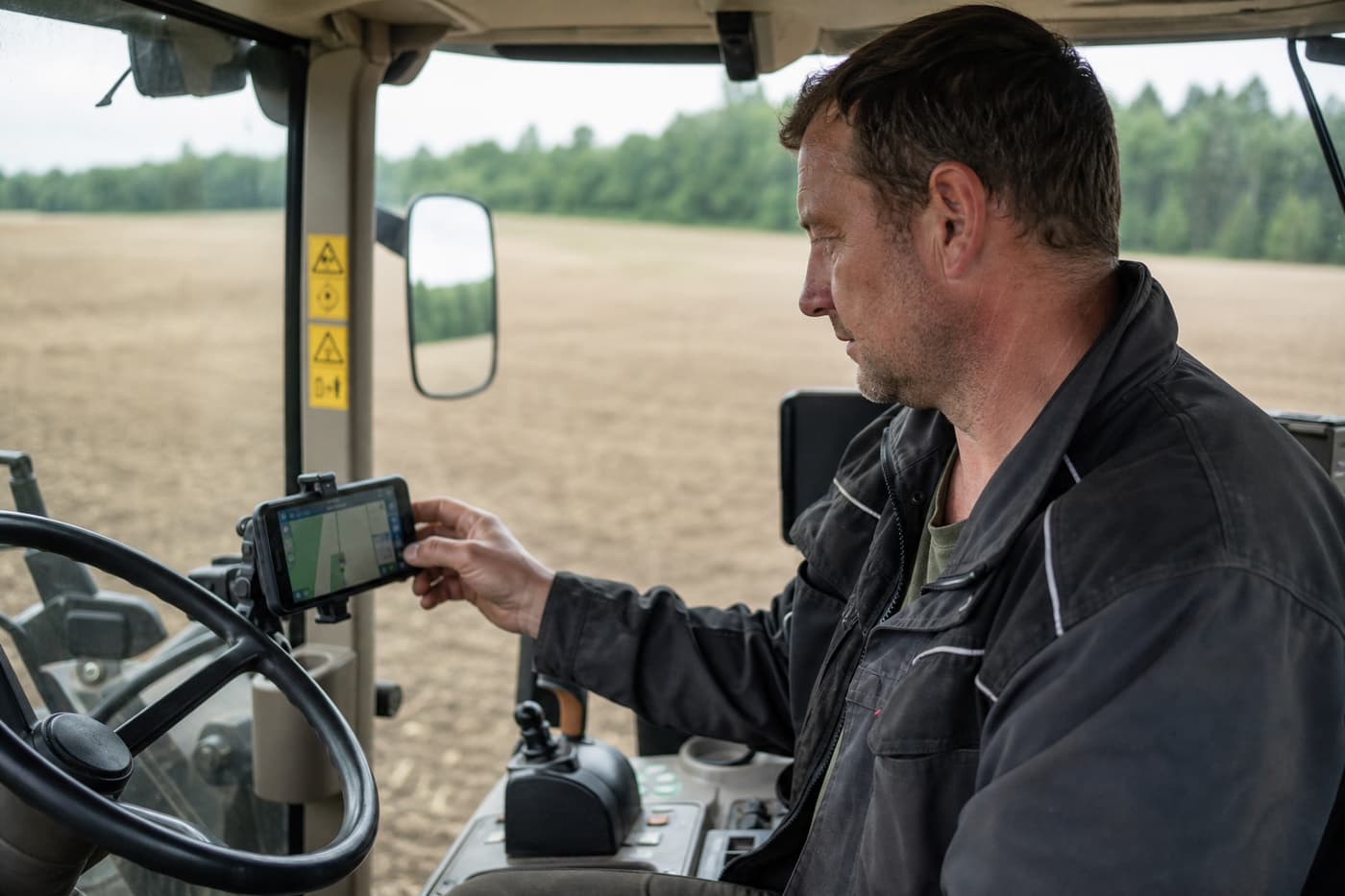 Farmář v kabině traktoru zapisuje práci do telefonu.