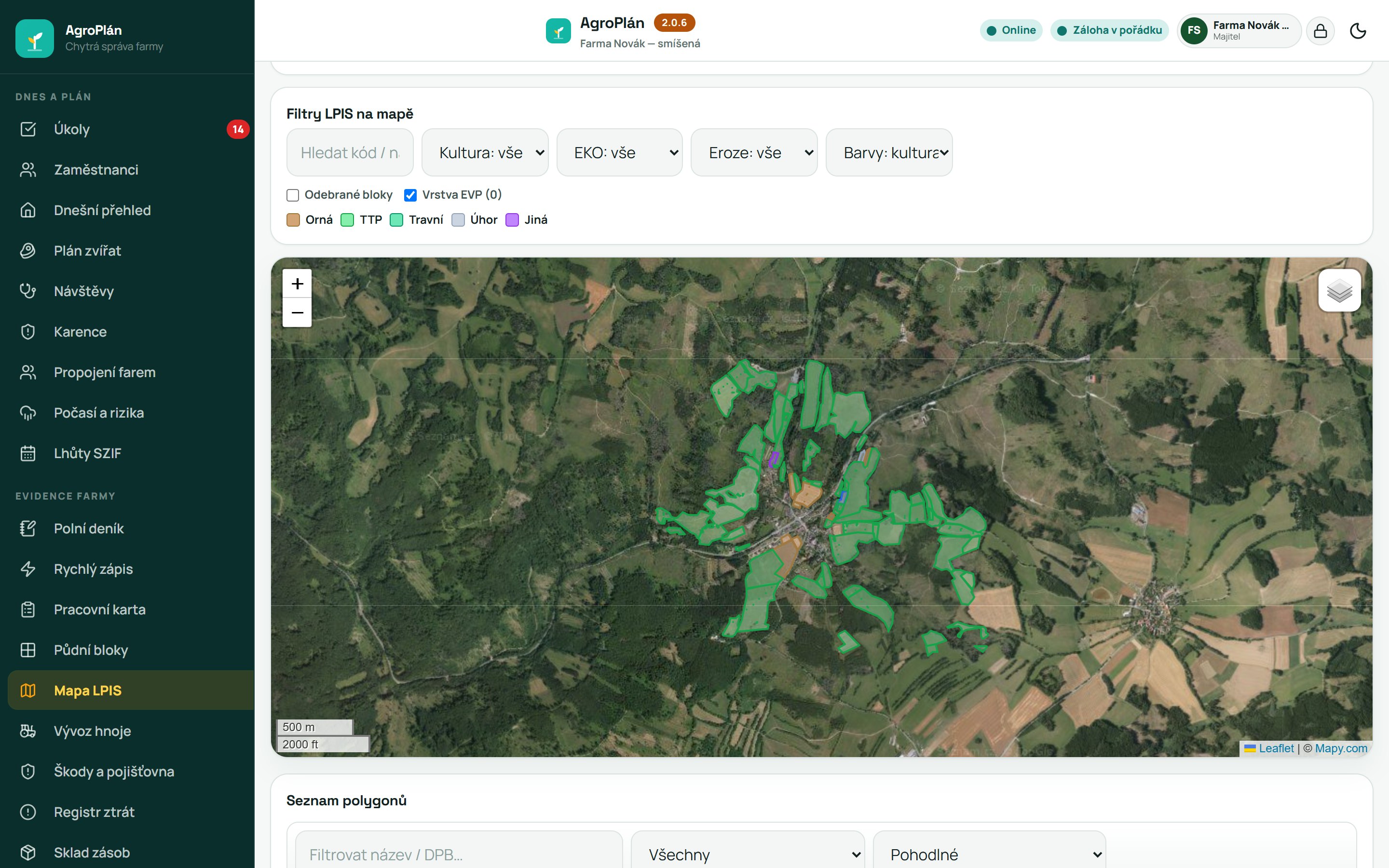 Mapa LPIS s ortofotem a barevně odlišenými půdními bloky podle plodiny a stavu zásahu.