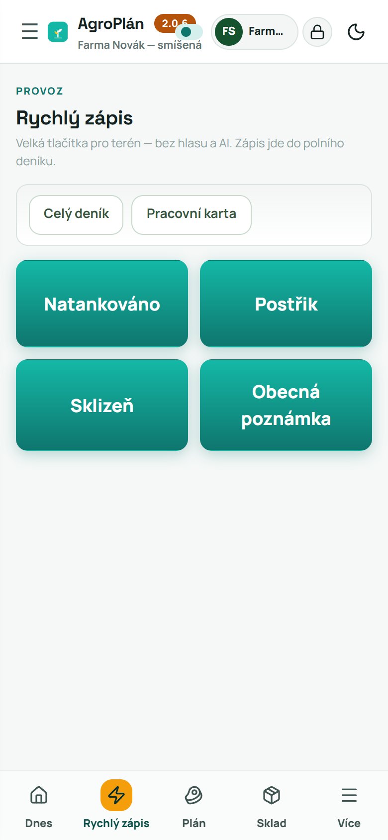 Rychlý zápis v mobilu — zaznamenání práce přímo z kabiny.