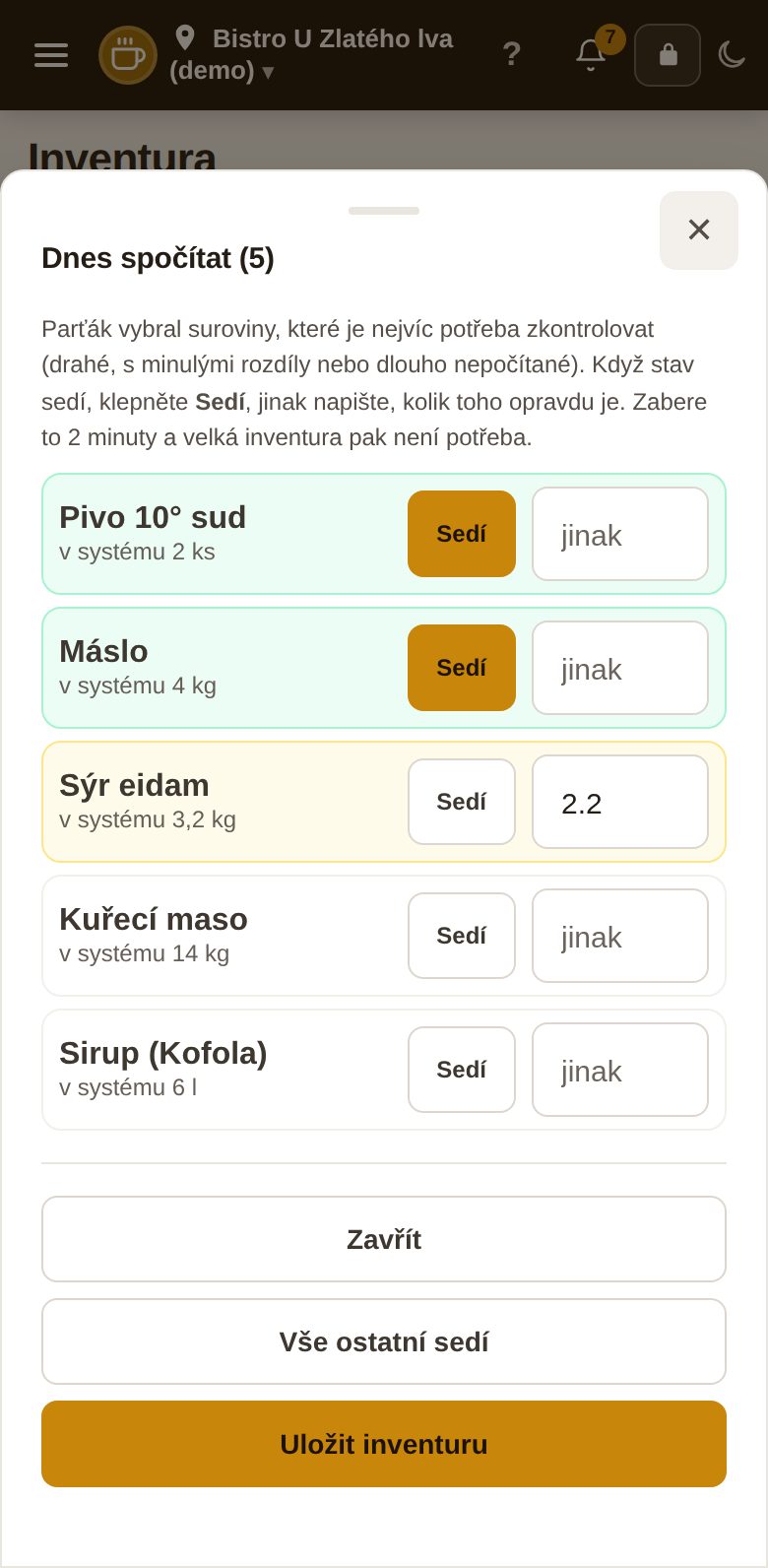 Dnes spočítat — průběžná inventura po pěti surovinách