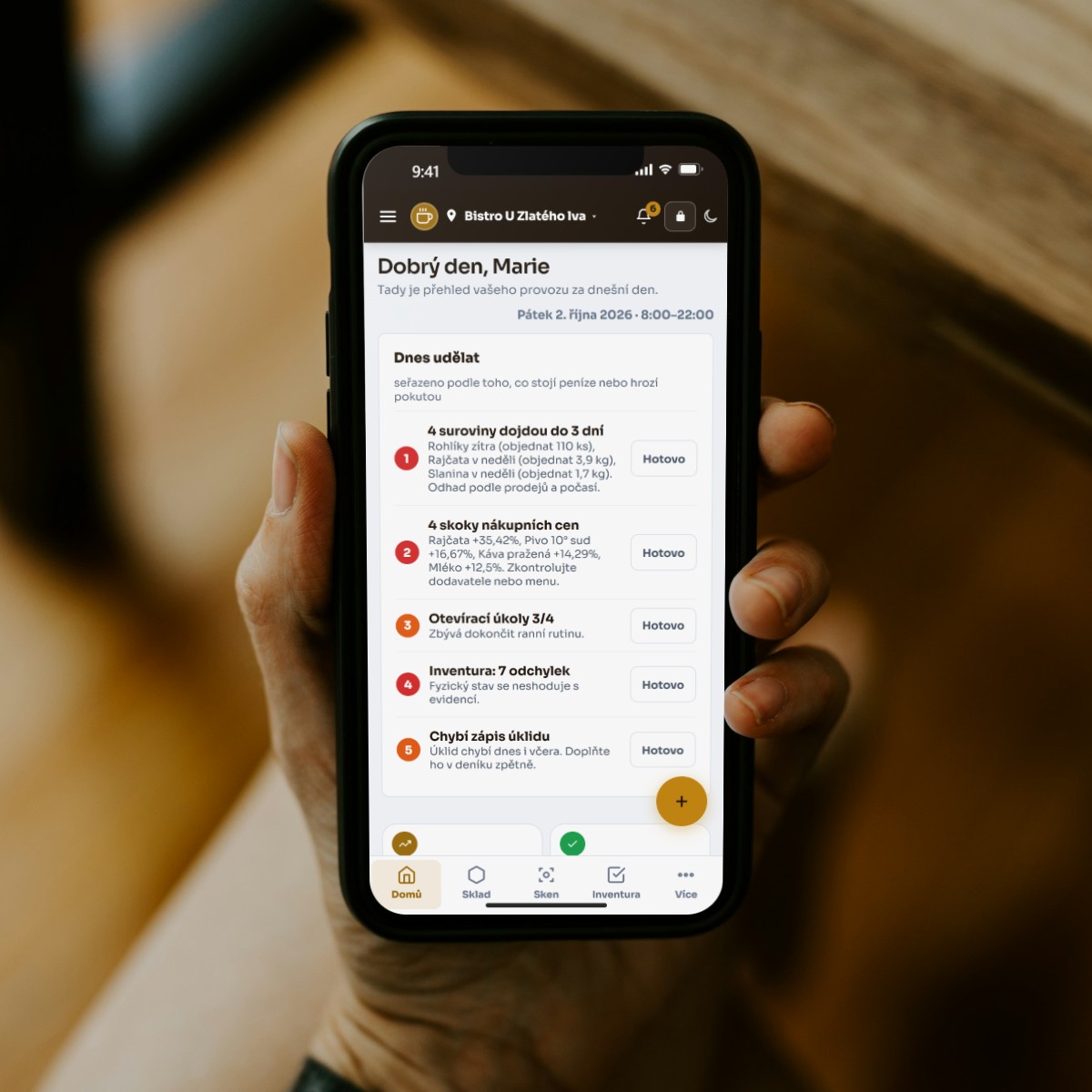 Gastro Parťák v mobilu — seznam Dnes udělat seřazený podle priority