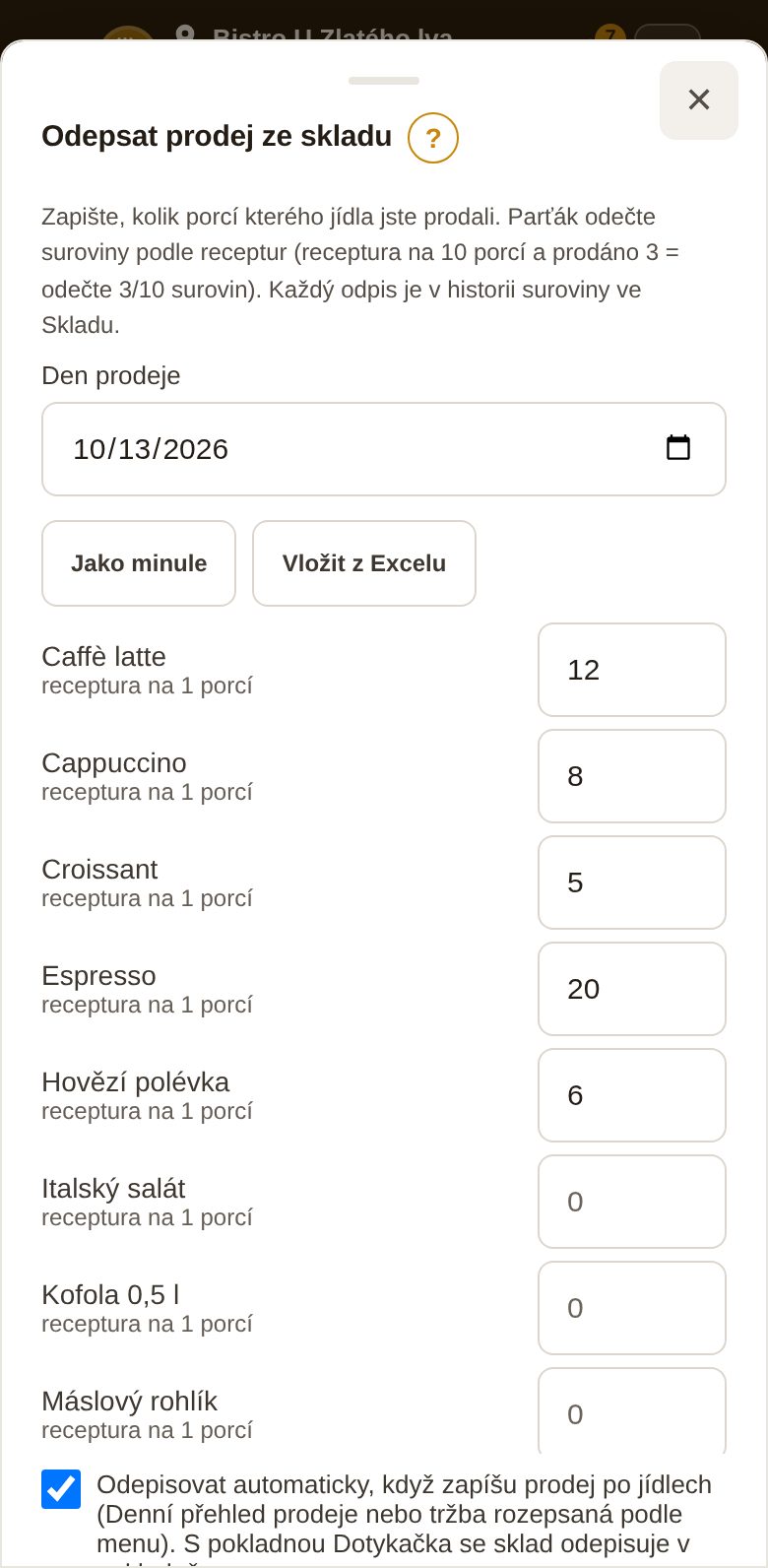 Odepsat prodej ze skladu — počty porcí u jídel