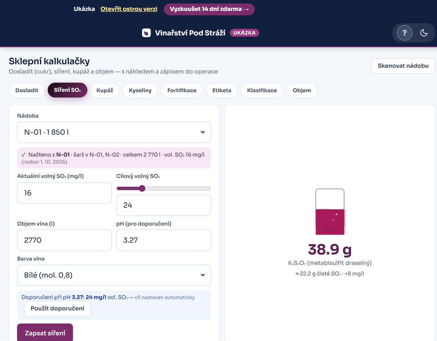 Kalkulačka síření v Parťákovi Vinaře s hodnotami z rozboru laboratoře BS