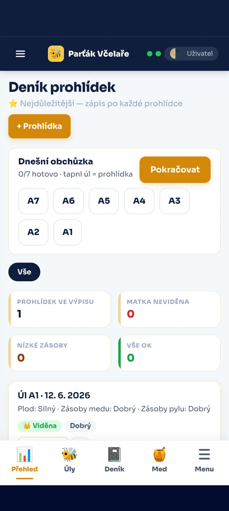 Včelařský Parťák — úlový deník