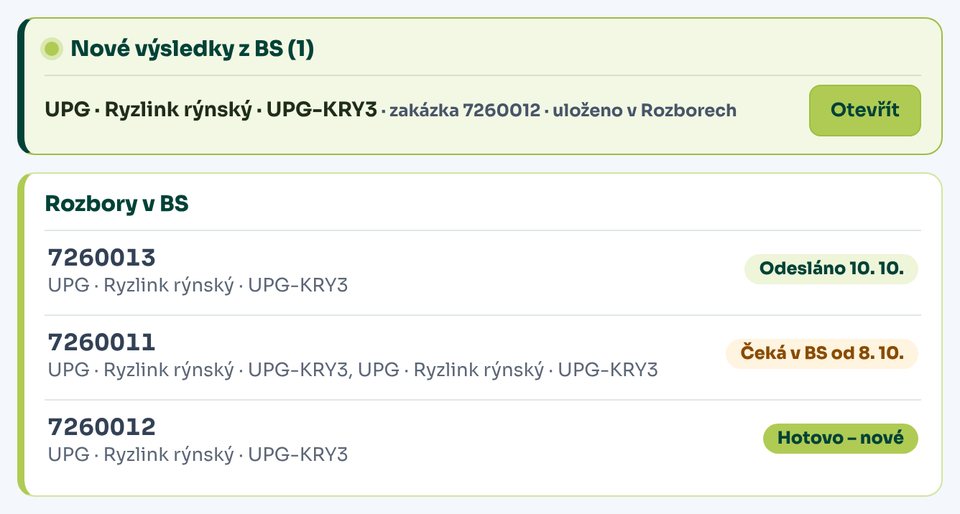Karta Rozbory v BS se stavem objednávek v laboratoři BS vinařské potřeby